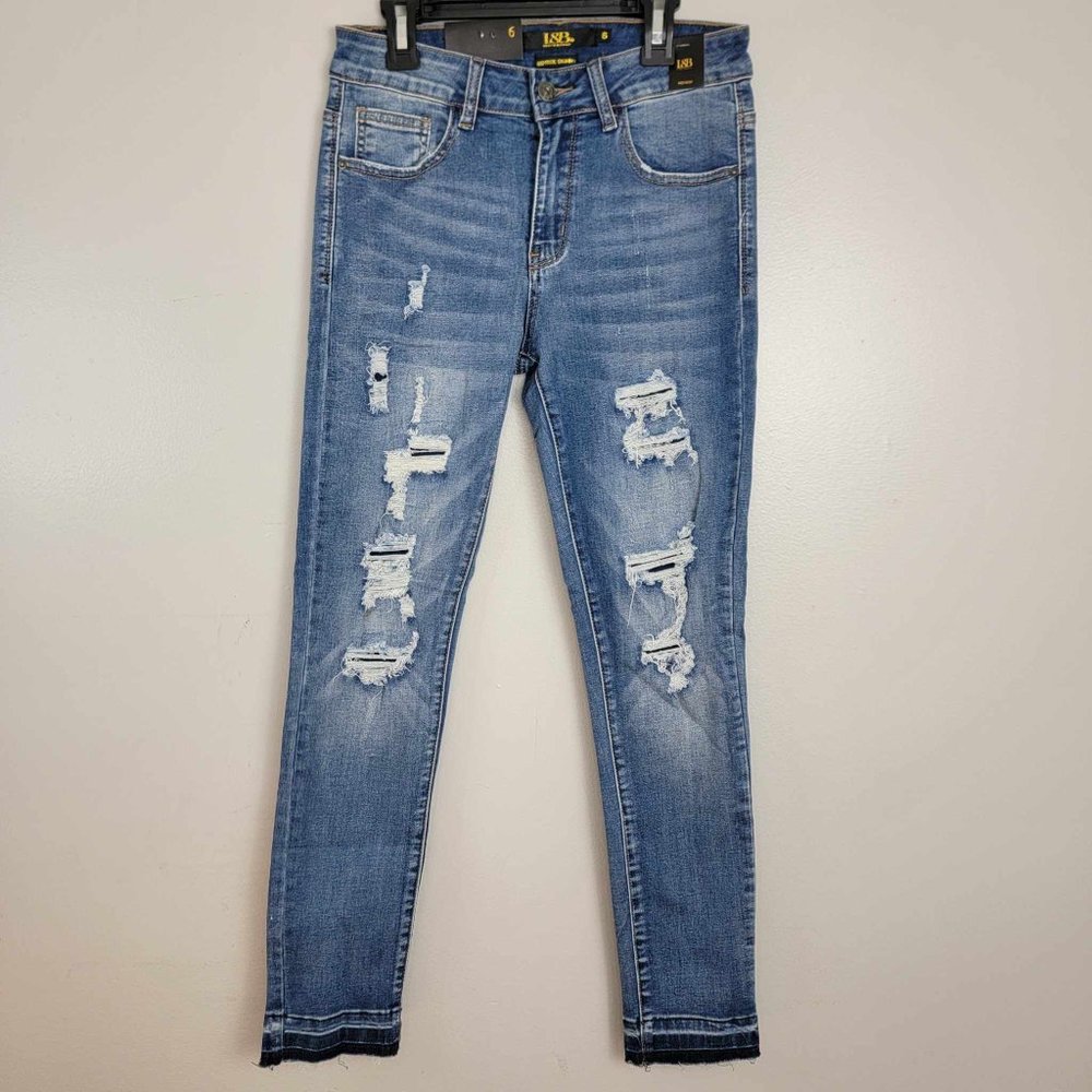 Distressed Lucky & Blessed Straight Mid Rise Skinney Leg Jeans NWT